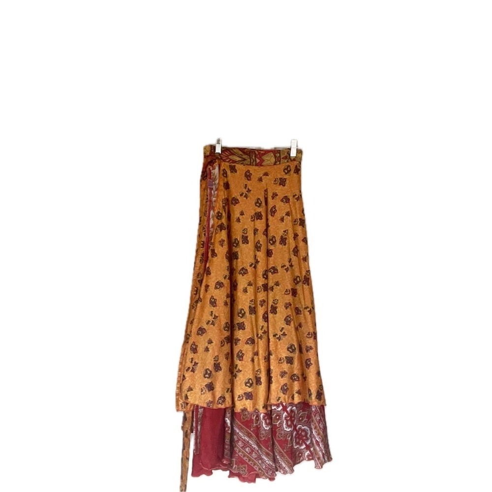 Wevez Festival Boho Floral Cottage Silk Blend Wrap Maxi Skirt Paisley Large